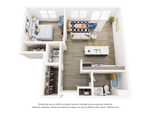 Floor plan for 1 bed, 1 bath, 734 sqft
